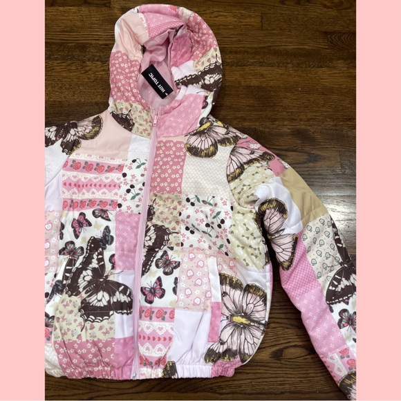 Sweet Society Butterfly Pink Patchwork Girls Puffer Jacket - Picture 2 of 6
